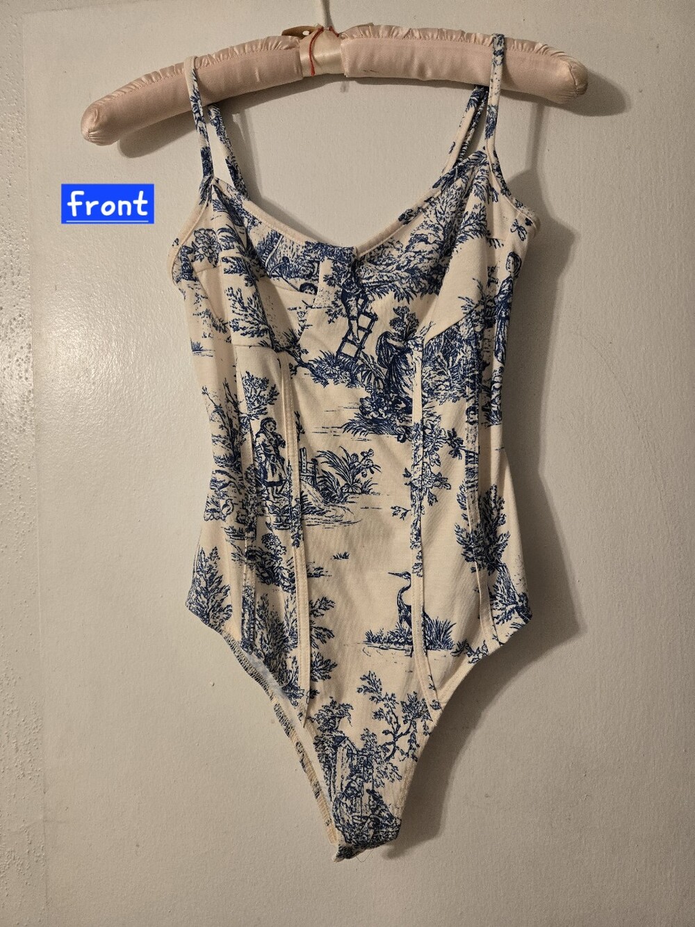 CIDER Toile de Jouy Corset Style Bodysuit - Blue & Cream - Size XS